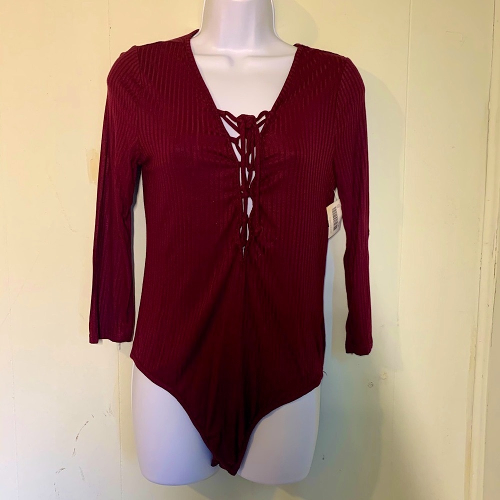 Ambiance Apparel burgundy lace up onesie/bodysuit Size Large